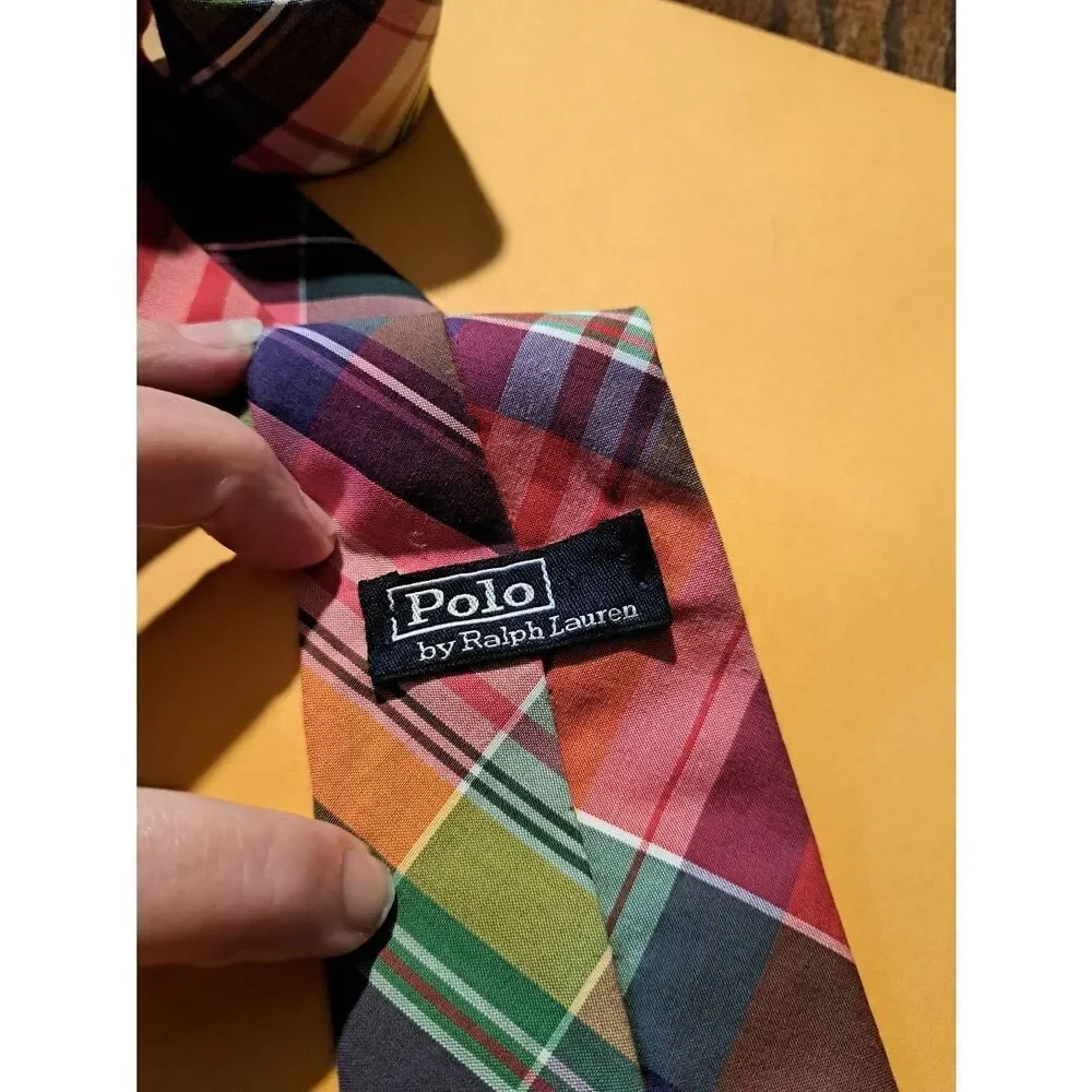 Polo Ralph Lauren Blue Tag Plaid Mens Tie 100% Cotton Handmade in Italy 3”